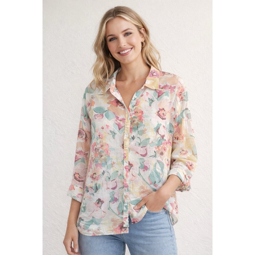 Lauren Ralph Lauren Floral Linen Blouse Women 2X Button Shirt Pastel Spring A1